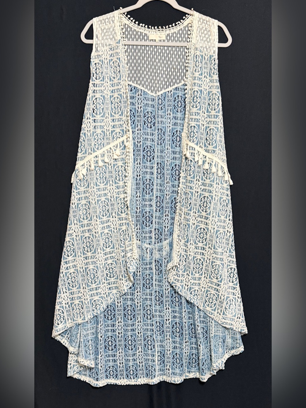 Ryu 1XL ice Blue & Cream Crochet Lace Kimono Cover up long length sheer boho